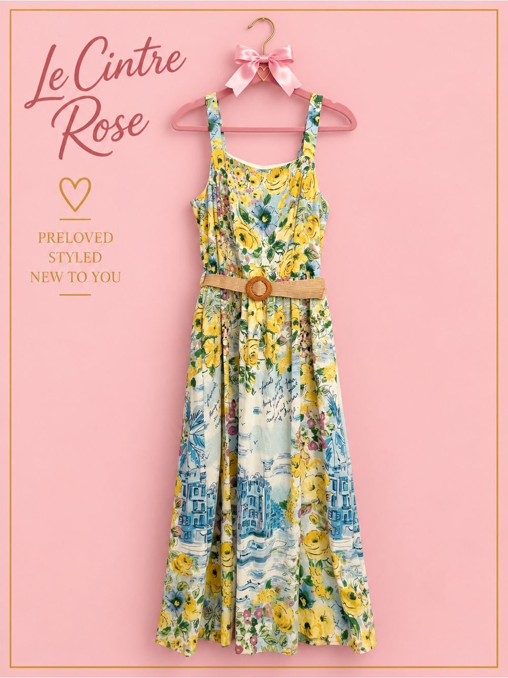 Maison Tara Yellow Floral Sundress with Blue Accents and Belt